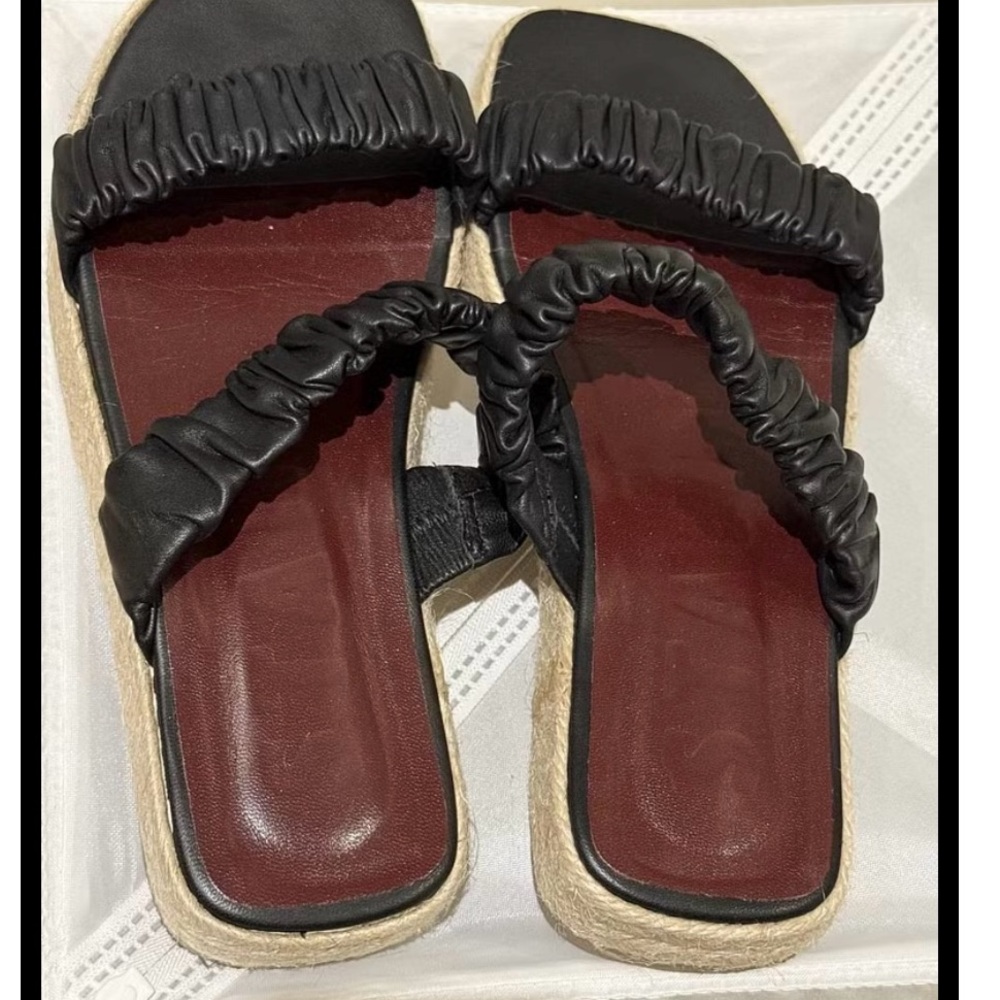 STAUD Black and Cream Slide Sandals with Ruched Strapsr - Picture 4 of 5
